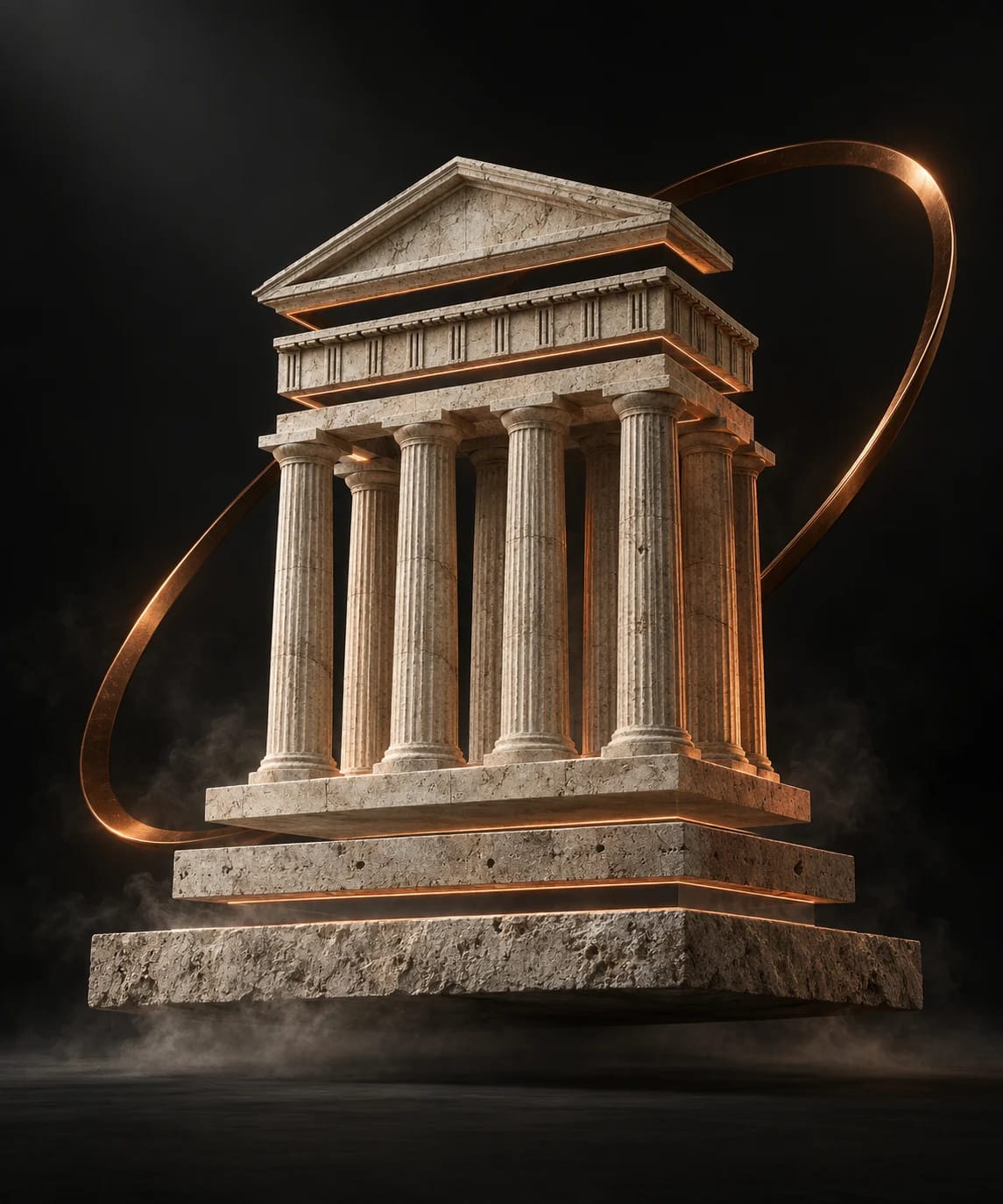 Sculptural marble Greek temple with floating architectural layers and a copper orbit